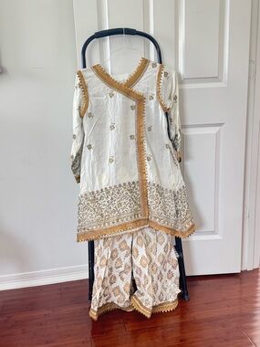 Girls White and Gold Embroidered Festive Matching Set by